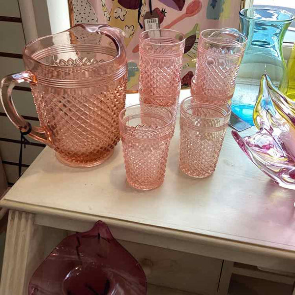 Miss America Depression Glass Pitcher w/ 6 Glasses (Pink)