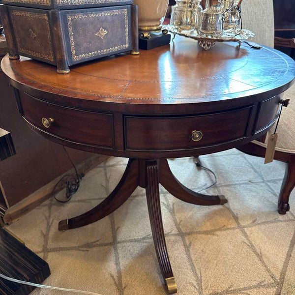 Ethan Allen Round Mahogany Leathertop Table