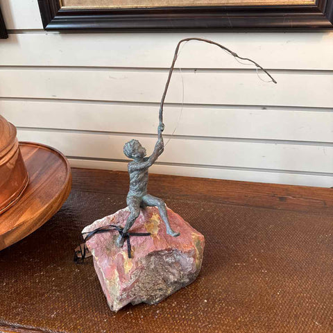 Bronze Boy Fishing Figurine