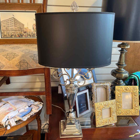 Silver Double Candle Lamp w/Black Shade