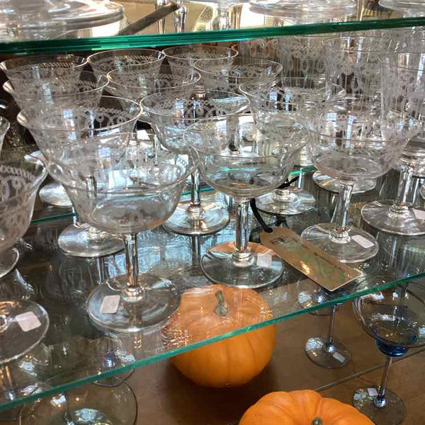 Set Of Eight Vintage Etched Champagne Glasses