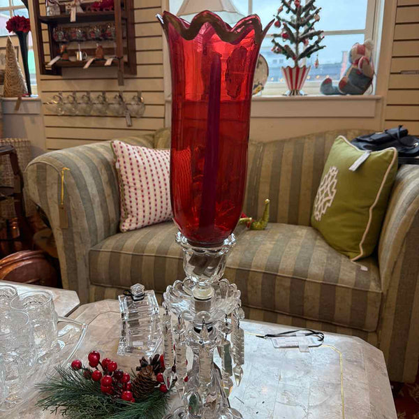 Pr. Glass Candleholders w/Cranberry Hurricanes