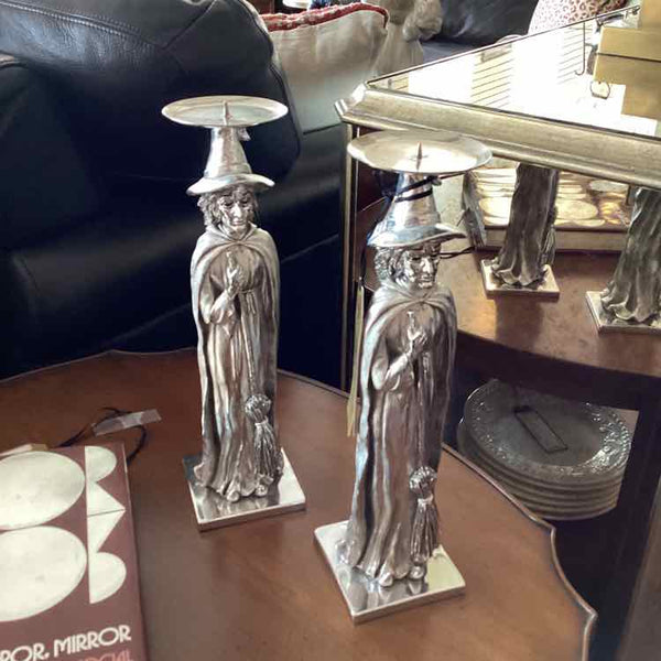 Pair Of Silver Witch Candleholders