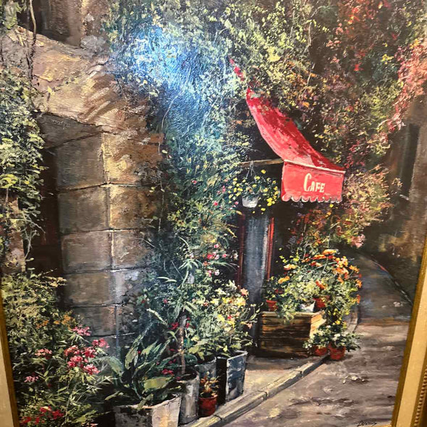 Print of Cafe w/ Red Awning - Brown Frame