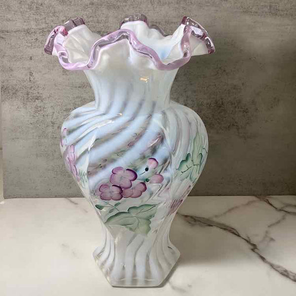 Fenton Hand Painted Orchid Crest Ruffled Vase - Signed