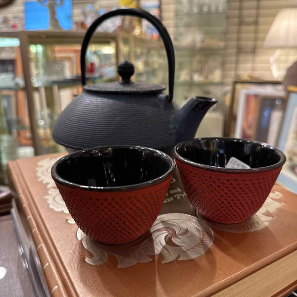 Cast Iron & Enamel Teapot  &  2 Cups