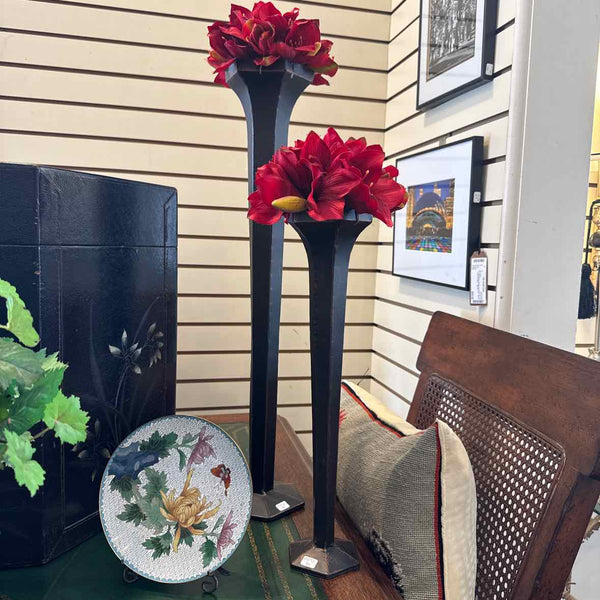 Set of 2 Metal Vases w/Amaryllis