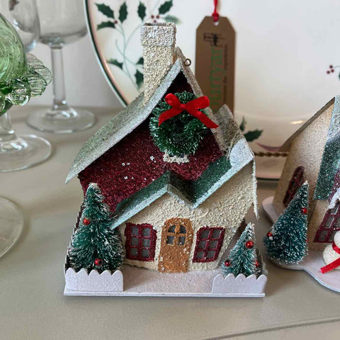 Lighted Putz House w/Green Trees