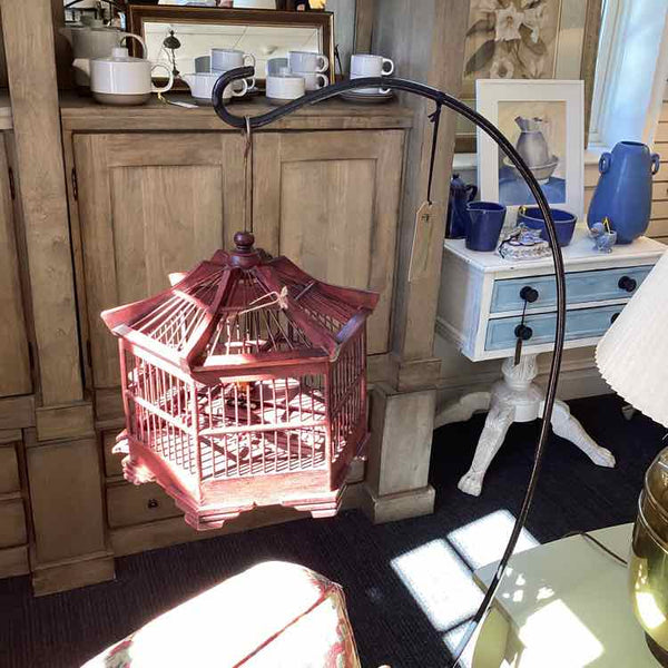 Wood Asian Pagoda Birdcage w/Metal Hook Stand