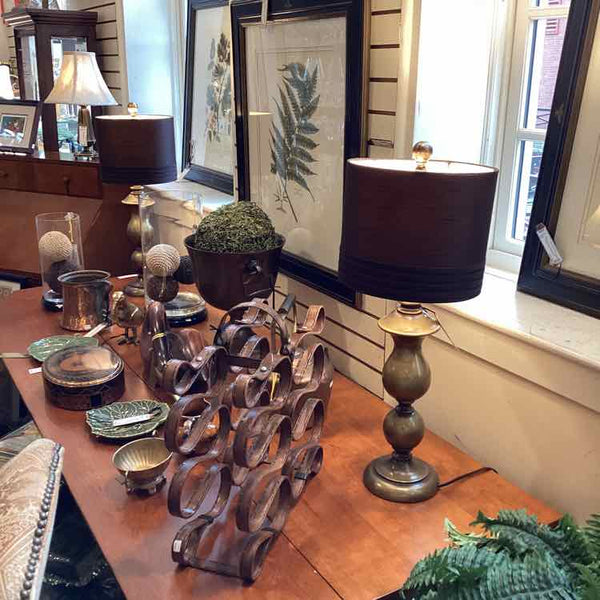 Pair Brushed Brass Lamps with Black Shades