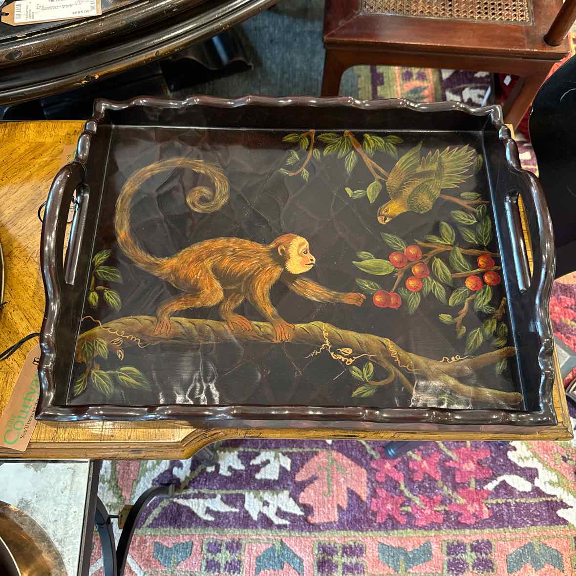 Black Lacquer Monkey And Parrot Tray