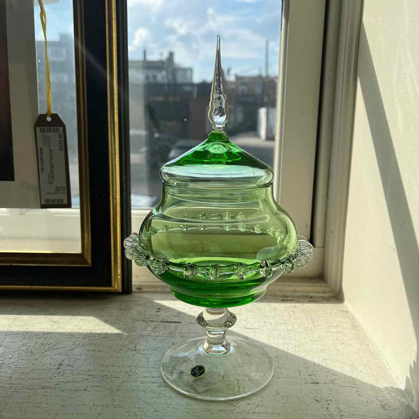 Green Glass Candy Dish w/Lid (Italy)