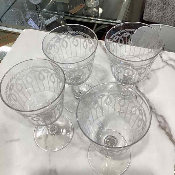 Set Of Eight Vintage Etched Wine Glasses