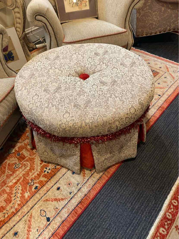 Patterned Chenille Round Ottoman w/Fringe