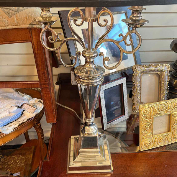 Silver Double Candle Lamp w/Black Shade