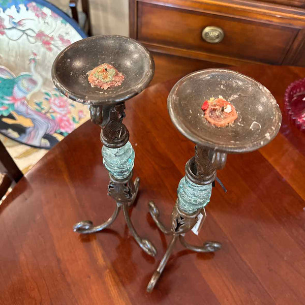 Pair Of Metal And Glass Candleholders