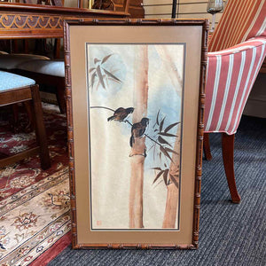 16 x 28" Birds and Bamboo Framed Watercolor