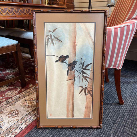 16 x 28" Birds and Bamboo Framed Watercolor