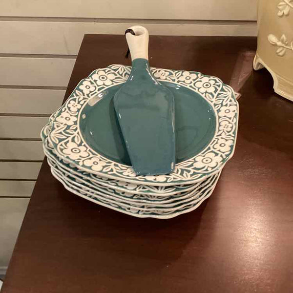 Teal Cameoware Platter, Six Plates, Knife