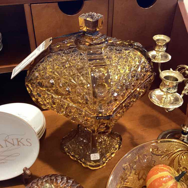 Amber Glass Compote with Lid, Starburst Pattern