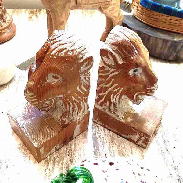 Sarreid Wood Lion Head Bookends