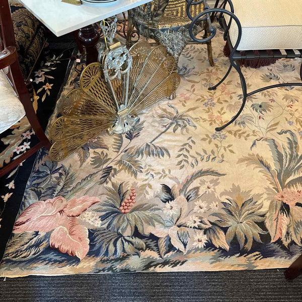 Needlepoint Green/Peach Floral Rug "AS IS"