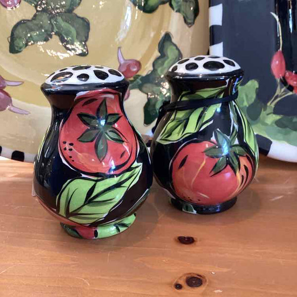 Droll Black Tomato Salt And Pepper Shakers