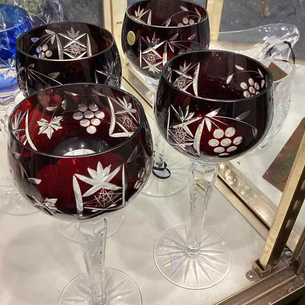 Four Dark Ruby Cut Crystal Glasses