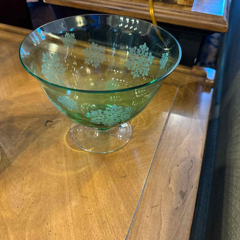 Green Glass Pedestal Bowl w/ Snowflakes