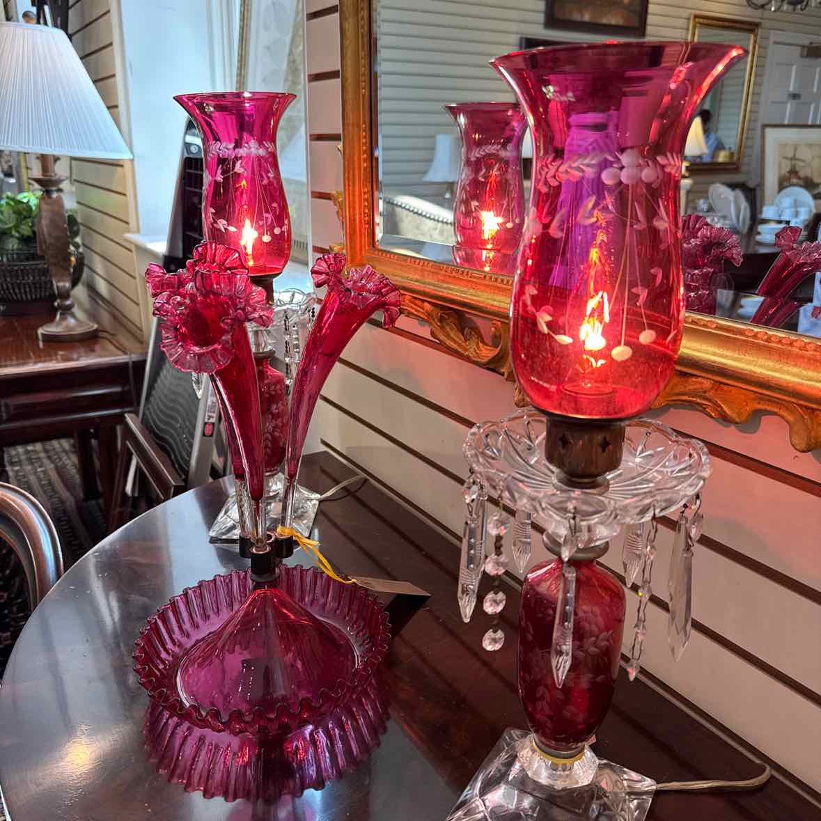 Pair Of Etched Cranberry Glass Hurricane Lamps