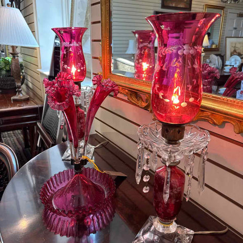 Pair Of Etched Cranberry Glass Hurricane Lamps