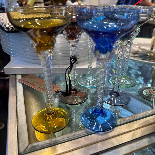 Set of 7 Crystal Twisted Stem Multicolored Glasses