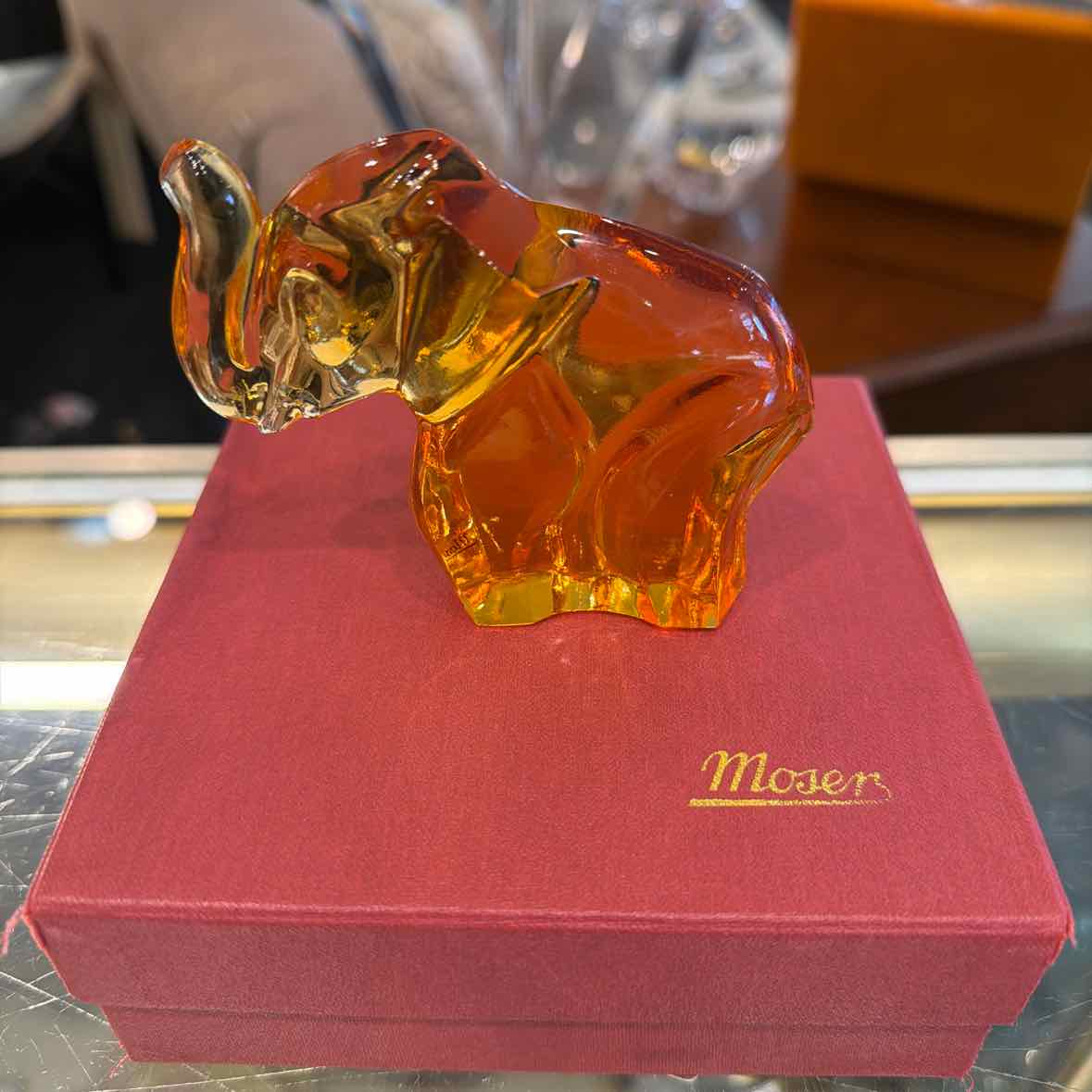 Signed Moser Amber Elephant in Box
