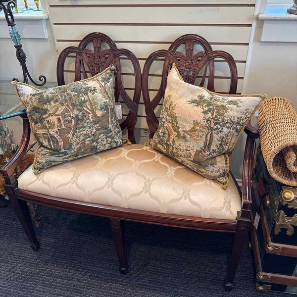 Wood Settee with Beige Fabric
