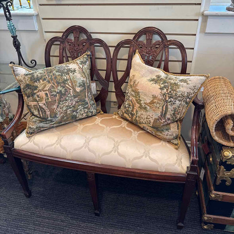 Wood Settee with Beige Fabric