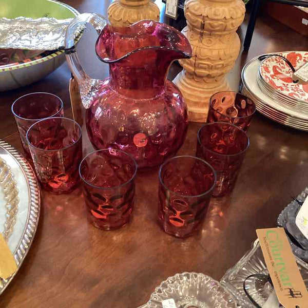 Cranberry Glass Pitcher And Six Glasses