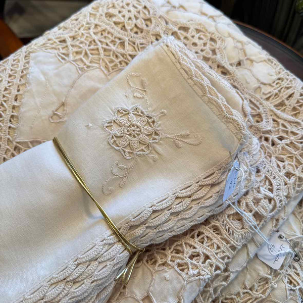 Vintage Beige Lace Tablecloth & 9 Napkins