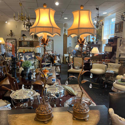 Pair of Copper Leaf Lamp With Prisms