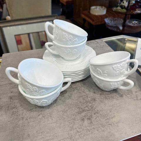 Milk Glass Set of 6 Cups And Saucers/Grape Patter