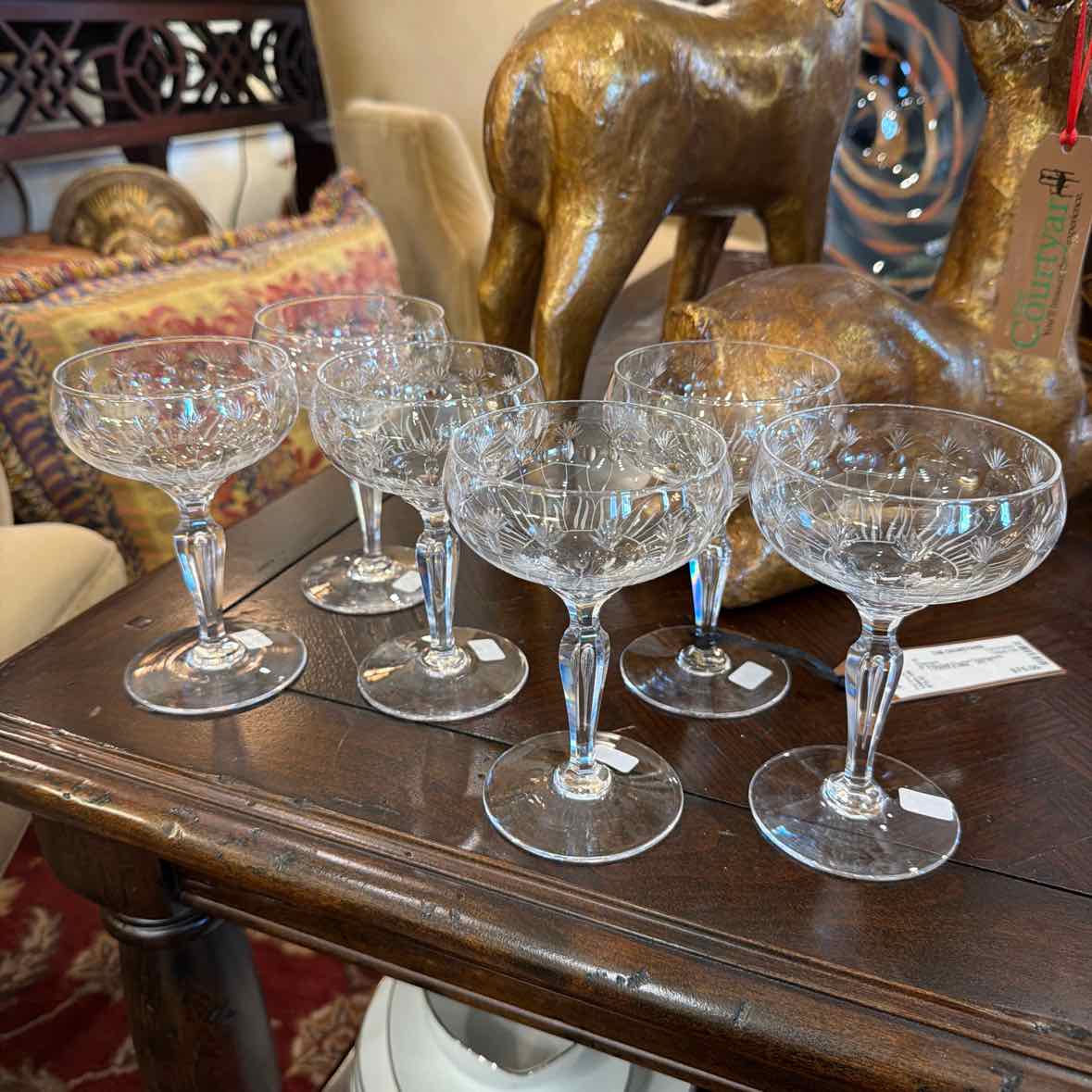 6 Etched Crystal Champagne Glasses