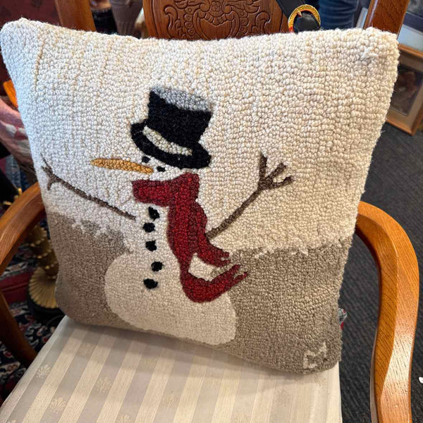 18" Sq. Snowman Hooked Wool Pillow