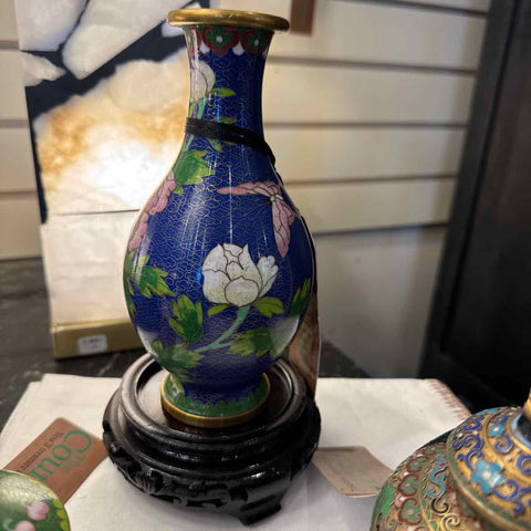 Vintage Cloisonne Blue Enamel/Bronze Vase