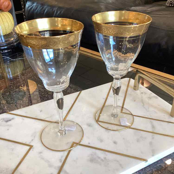 Pair of Glass Gold Rim Wine Glasses