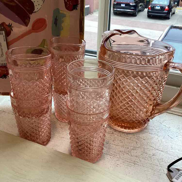 Miss America  Glass Pitcher w/ 6 Glasses (Pink)