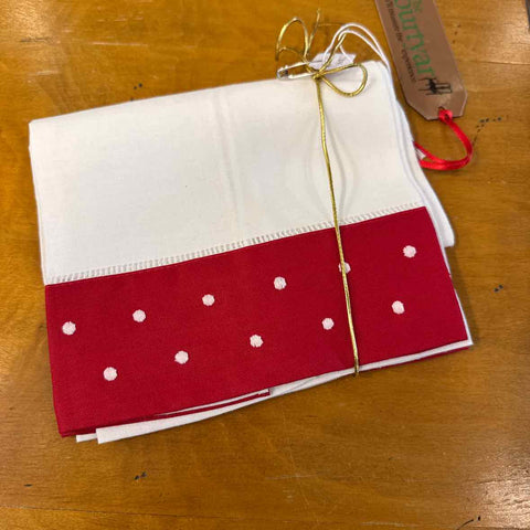 2 White Linen Guest Towels w/Red Polka Dot Edge