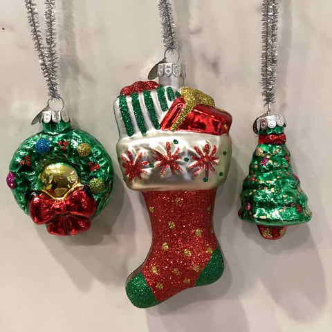 3 Radko Ornaments (25th anniversary) - Stocking Tree, Wreath
