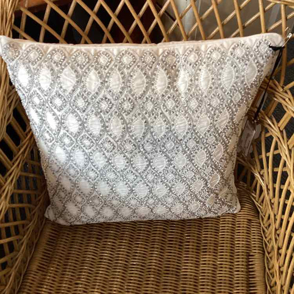 White Pillow with Gray & White Beading
