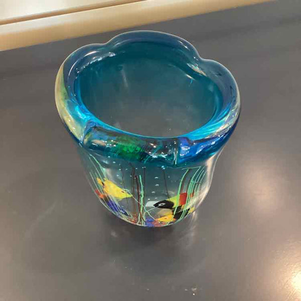 Murano Style Glass Vase With Fish And Flora