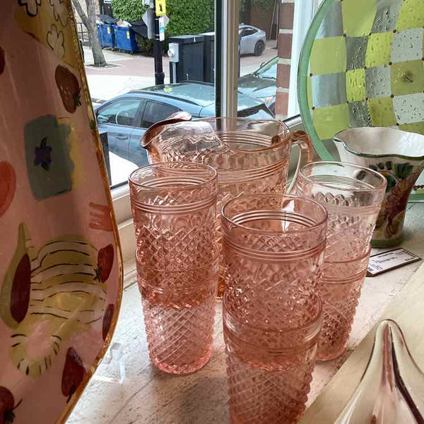 Miss America  Glass Pitcher w/ 6 Glasses (Pink)