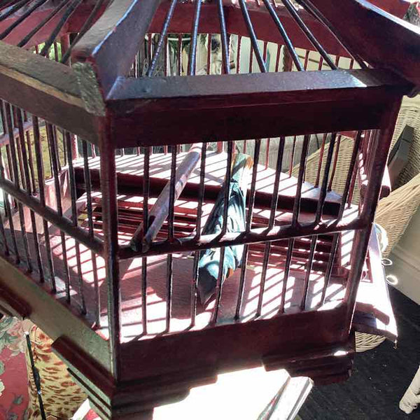 Wood Asian Pagoda Birdcage w/Metal Hook Stand